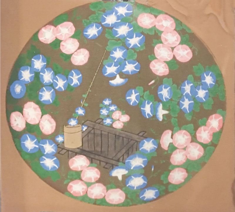 Ceiling panel of morning glories with wooden bucket and well, based on a haiku by Kaga-no-Chiyo